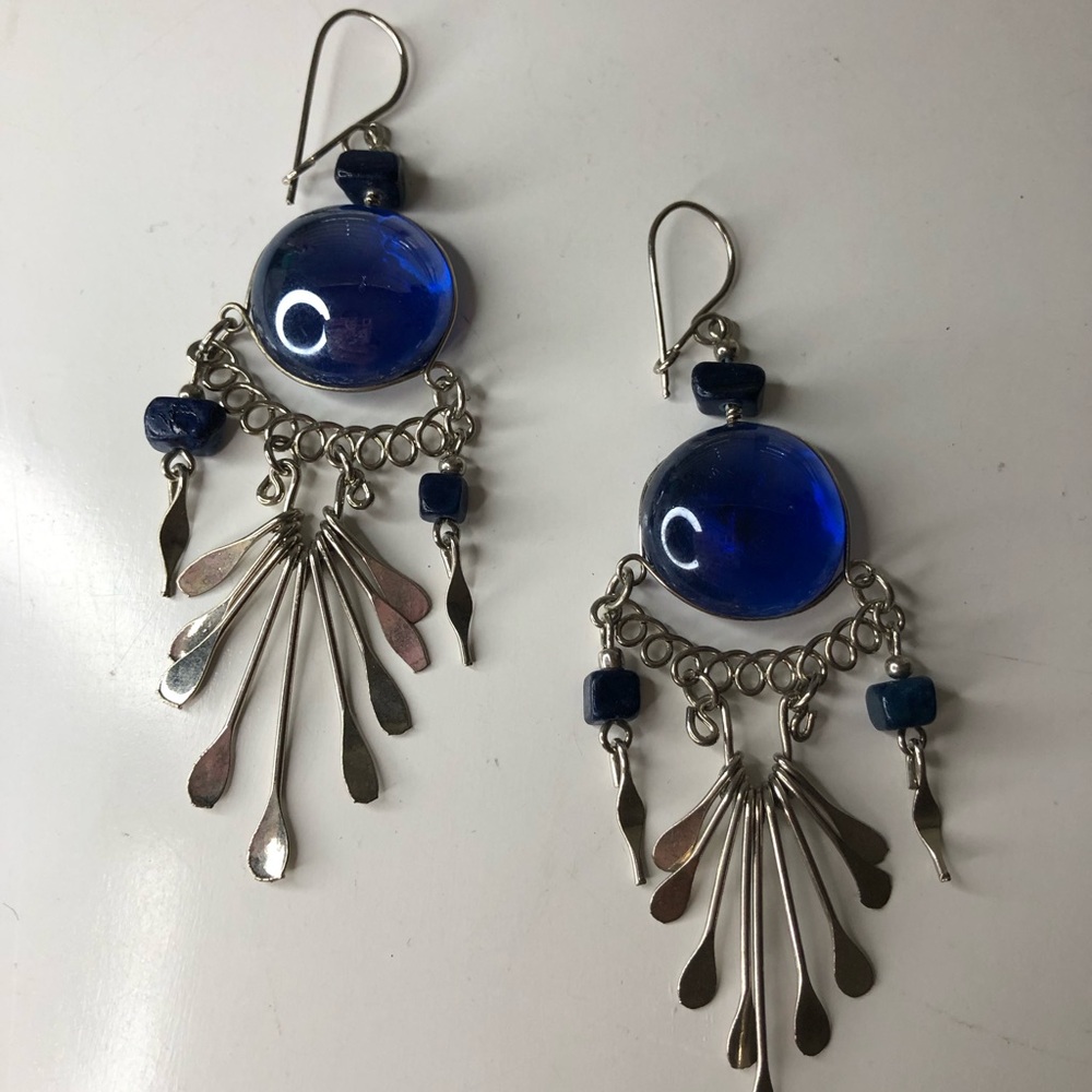 Silver Tone Blue Glass Dangle Earrings